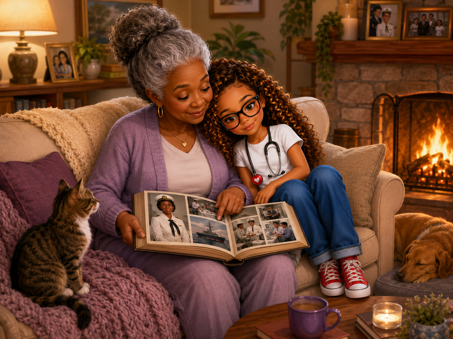 A loving grandmother and her granddaughter wearing a stethoscope sharing a family photo album by the fireplace — where the Medical Melody journey began