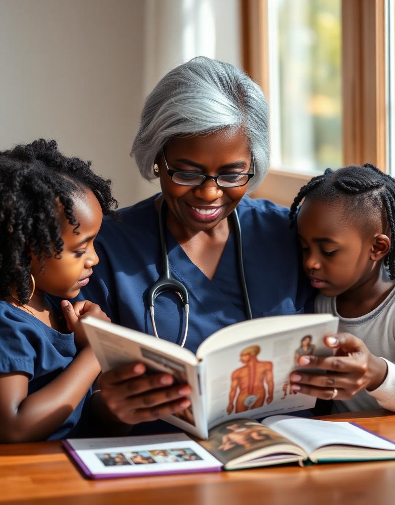 A grandmother RN sharing an anatomy picture book with two young granddaughters at home