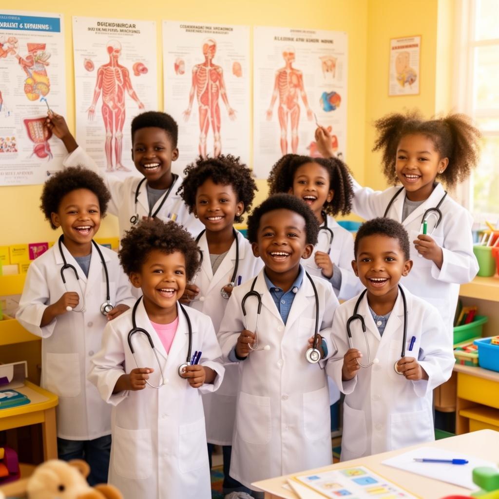 A joyful group of Black American boys and girls ages 3 to 12 in white lab coats with toy stethoscopes exploring anatomy posters