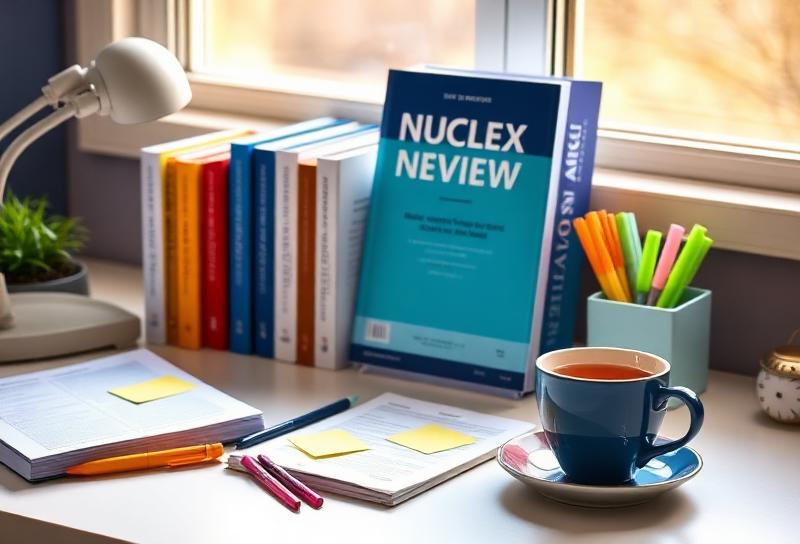 NCLEX review books and study notes on a tidy desk