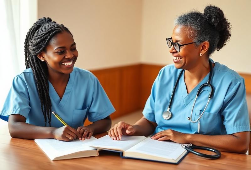A nursing student smiling with a mentor at a study table